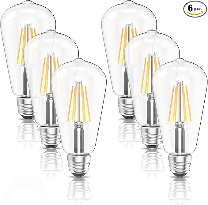 Ralbay ST64 E26 Vintage LED Edison Bulbs 60 Watt Equivalent 6-Pack, Bright Warm White Light 2700K, ST64 Antique LED Filament Bulbs, E26 Medium Base
