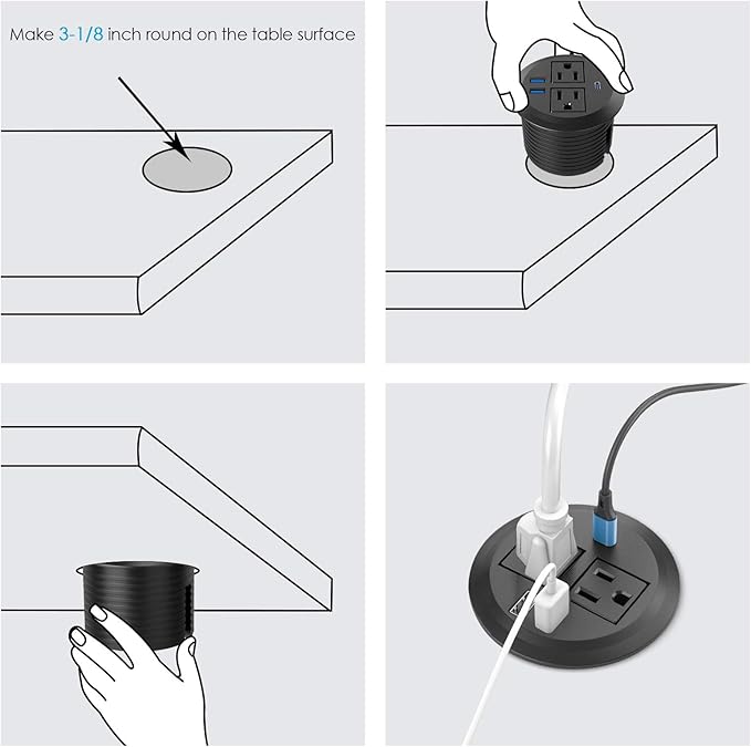 Recessed Power Grommet with AC Outlets, 20W Fast Charging USB-C Port - Flush-Mount for Desktop,Workspace Essential Desk Outlet,ETL Listed