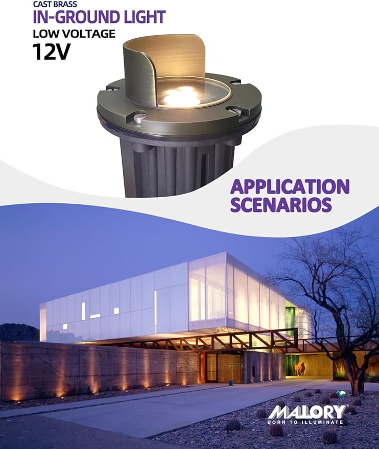 MALORY Brass Top Cover Landscape Well Lights,(6''H) 12V Low Voltage Outdoor In Ground Lights,Anti-Glare Landscape Lighting with 5W 450LM MR16 for Pathway, Driveway (Shield Top, 1-Pack with Bulb)