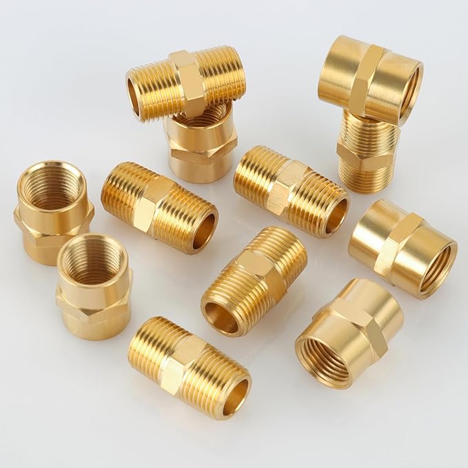 KOOTANS 12pcs Brass Pipe Fitting, NPT Hex Nipple, Coupling, 3/8" x 3/8" NPT Male Pipe, 3/8" x 3/8" NPT Female Pipe Fittings Set (6 Nipple & 6 Coupling)