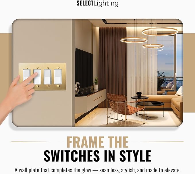 4-Gang Satin Brass Wall Plate, Electrical Receptacle Wall Outlet Faceplate, GFI/Rocker Decorator Light Switch Cover