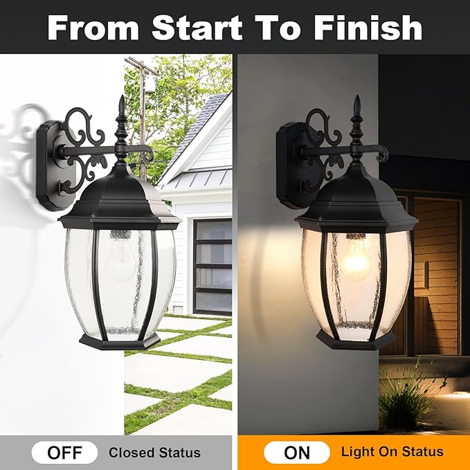Outdoor Wall Lights, 18inch Waterproof Exterior Lighting Fixtures, Black Large Wall Sconce with Glass Shades, E26 Aluminium Outside Lanterns for Porch Farmhouse Patio Doorway Garage