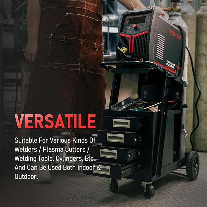 YESWELDER Welding Cart with 4 Drawers for MIG Welder TIG Welder and Plasma Cutter, Heavy Duty Large Storage 360° Rolling Welding Trolley