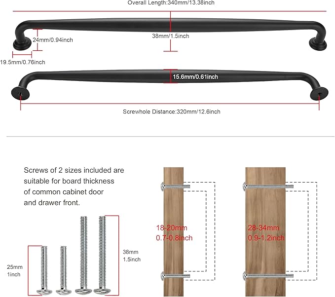 SAILING 5 Pack Cabinet Handles-12.6"/320mm Screw Spacing Matte Black Furniture Hardware Handles for Kitchen Cabinets Bedroom Dresser Wardrobe Cabinet Pulls