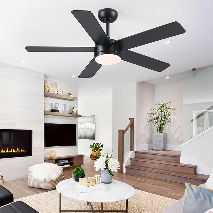 46" Black Ceiling Fans with Lights - Low Profile Ceiling Fan with Lights and Remote/APP, 5 Dual-Sided Blades, Reversible DC Motor, Modern Ceiling Fan for Indoor and Outdoor Use