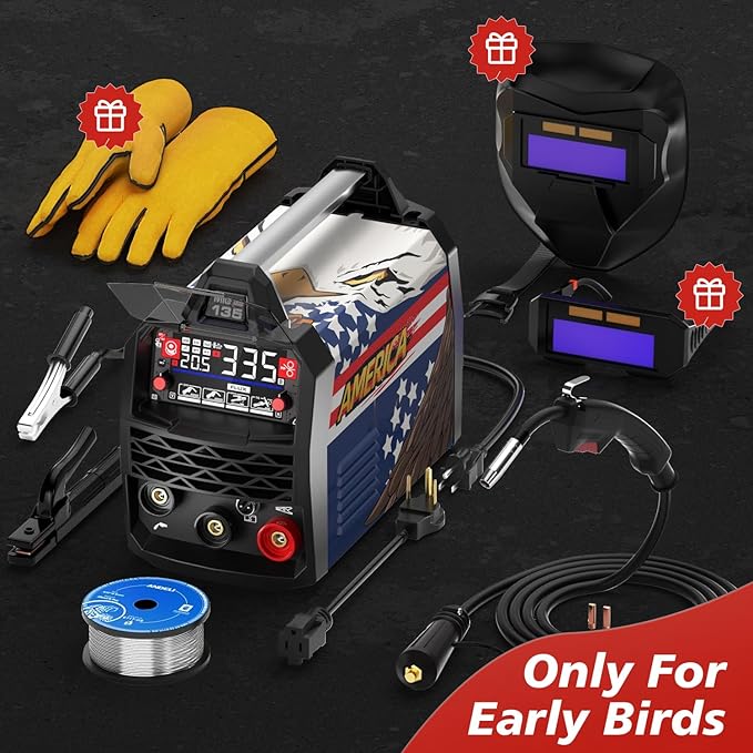 ANDELI 135Amp MIG Welder 110V/220V Dual Voltage, Portable Gasless Welder Flux MIG/Lift Tig/Stick 3-in-1 Multiprocess Welder LED Digital Display Welding Machine IGBT Inverter Welder MIG-135 Plus AE
