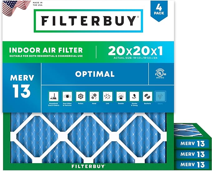 Filterbuy 20x20x1 Air Filter MERV 13 (MPR 1900) Health Defense Replacement (4-Pack), Electrostatic Pleated HVAC AC Furnace Filters, Made in USA (Actual Size: 19.50 x 19.50 x 0.75)