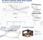 52In Flush Mount Ceiling Fans with Lights - White Low ProfileCeiling Fan with Remote/APP, Reversible, 3CCT Dimmable, Modern Fan Light for Indoor Living Room, Outdoor Covered Patios