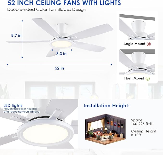 52In Flush Mount Ceiling Fans with Lights - White Low ProfileCeiling Fan with Remote/APP, Reversible, 3CCT Dimmable, Modern Fan Light for Indoor Living Room, Outdoor Covered Patios