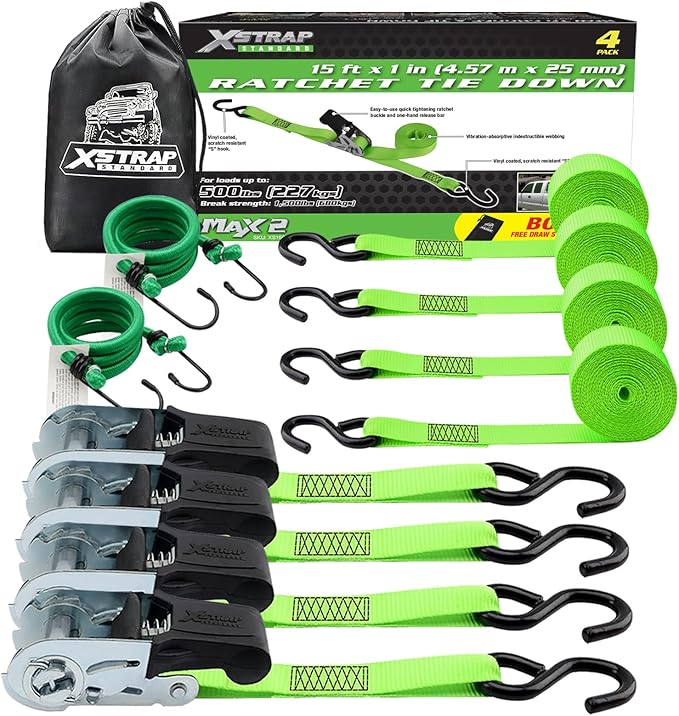 XSTRAP STANDARD Ratchet Tie Down Straps 4Pk 15Ft 1500Lb Break Strength, Cargo Straps for Moving Appliances, Lawn Equipment, Motorcycle, Includes 2 Bungee Cord