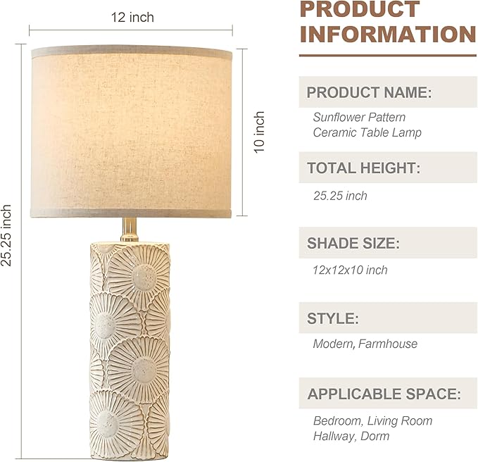 25.25" Tall White Lamps Set of 2 with Floral Design, Farmhouse White Ceramic Lamps Set of 2 for Bedroom, Living Room, Beige Table Lamps for Nightstands, Console Table