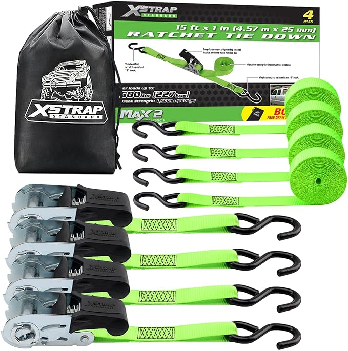 XSTRAP STANDARD Ratchet Tie Down Straps 4 Pk 15Ft- 500 Lbs Load Cap- 1500 Lb Break Strength-Cargo Straps for Moving Appliances, Lawn Equipment, Motorcycle