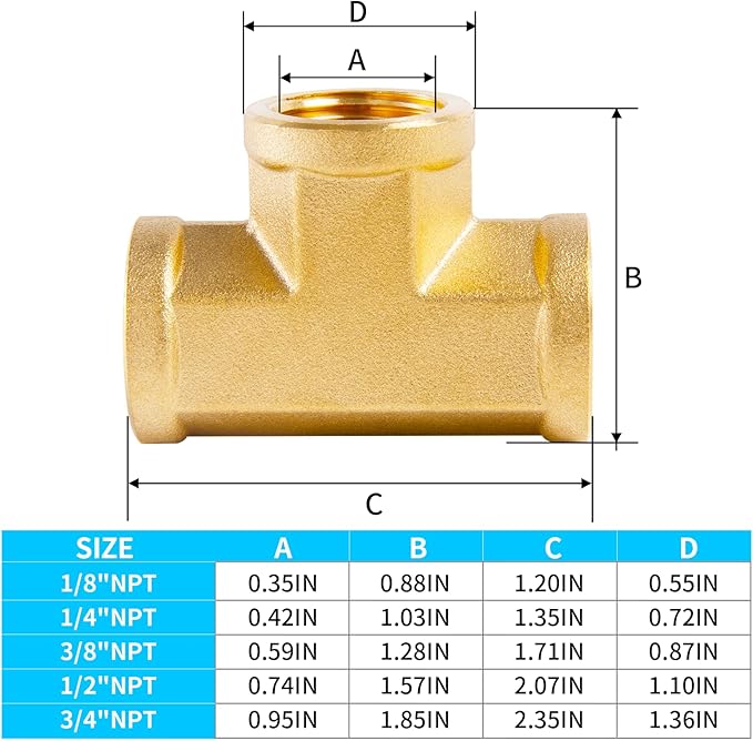 ChillWaves Brass Pipe Fitting, Tee 1/8" x 1/8" x 1/8" NPT Female Thread Adapter(6-PACK)