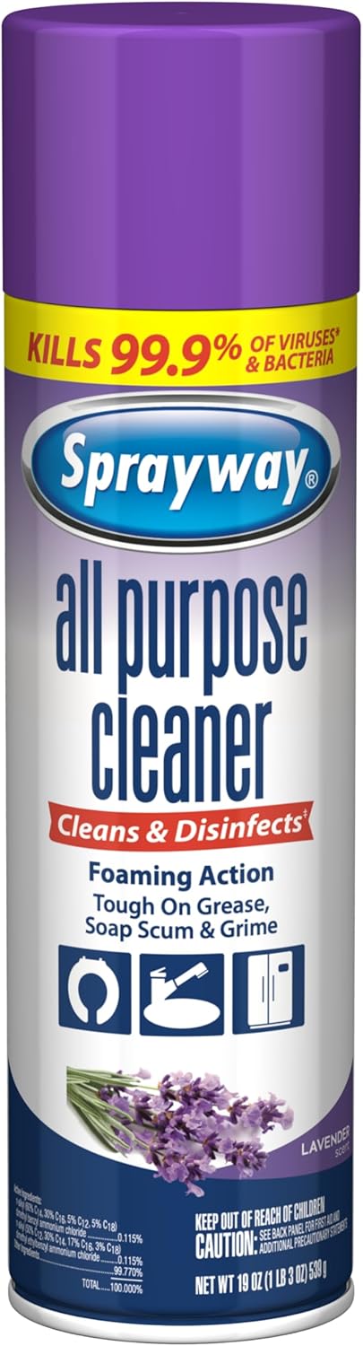 Sprayway All Purpose Cleaner with Lavender Scent, 19oz, Pack of 6 | Foaming Action, Clean, Disinfect, Deodorize | Tough on Grease, Soap Scum, Grime | EPA Approved, Kills 99.9% of Viruses & Bacteria