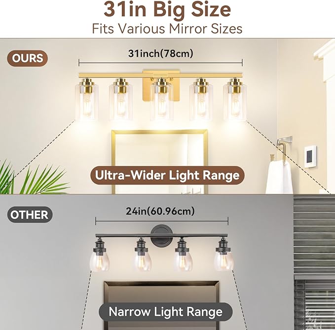 5-Light Gold Bathroom Light Fixtures, 31" Modern Vanity Lights Over Mirror with Clear Glass Shades,Brushed Gold Wall Light Fixture for Bathroom Mirror Bedroom Porch, Hardwired Wall Sconces