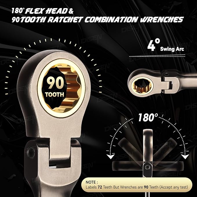 DISEN 12 Pcs Flex Head Ratcheting Wrench Set 90 Teeth, Combination Ratchet Wrenches Set SAE1/4 to 3/4", Cr-V Steel, 12-Point, Nickel Plating with Organizer Rack Visit the Store