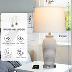 25" Farmhouse Jar Table Lamps Set of 2, 3 Way Touch Control Rustic Bedside Lamps with USB A+C Ports & AC Outlet, Pot Nightstand Lamps for Bedroom Living Room (LED Bulbs Included)