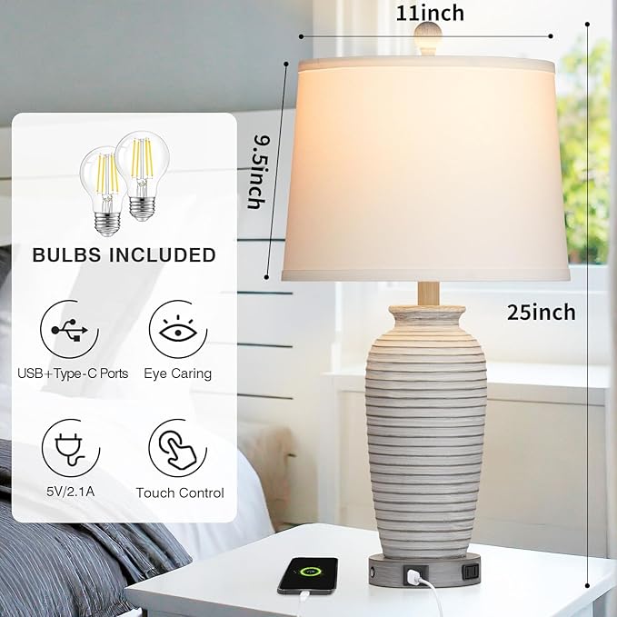 25" Farmhouse Jar Table Lamps Set of 2, 3 Way Touch Control Rustic Bedside Lamps with USB A+C Ports & AC Outlet, Pot Nightstand Lamps for Bedroom Living Room (LED Bulbs Included)