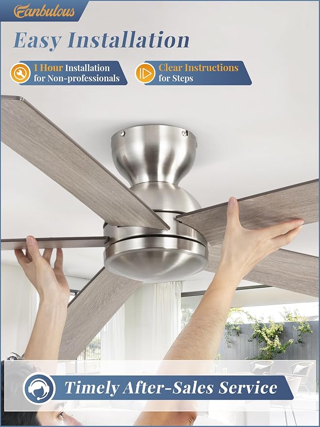 60 Inch low profile ceiling fan, Brushed Nickel Large Ceiling Fan no Lights, 6-Speeds, Quiet Reversible DC Motor, Indoor/Outdoor Ceiling Fans no light for Patios, Living Room, Bedroom