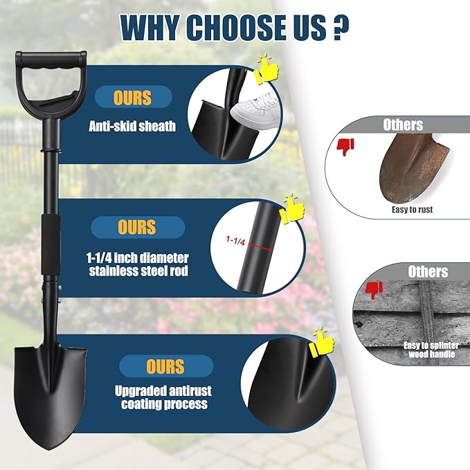 31" Compact Garden Shovel with D-Grip Handle - Rust-Proof Lightweight Metal Tool for Raised Beds, Tight Spaces & Emergency Use (Kids/Adults Friendly), Black