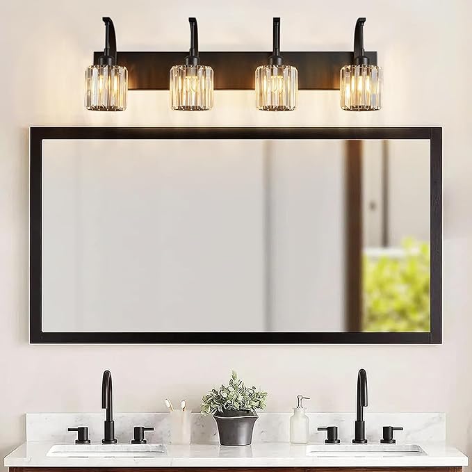 4-Light Crystal Vanity Light, Modern Black Bathroom Wall Sconce with K9 Crystal Shades, 32.67" Long Over Mirror Lighting for Vanity, Makeup, Hallway, Elegant & Easy Install