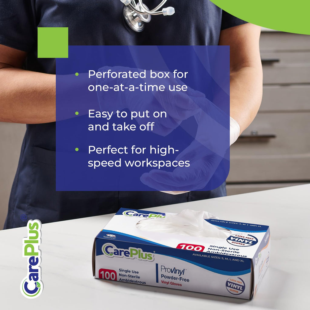 CARE PLUS Pro Vinyl Clear Gloves - Large Size, 100 Count | Latex-Free, Powder-Free, Heavy Duty, Non-Sterile, | Food Prep, Kitchen & Cleaning Gloves, Hair Coloring | Ideal for Professional Use
