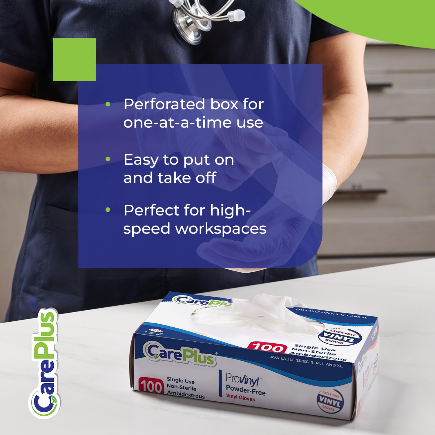 CARE PLUS Pro Vinyl Clear Gloves - Large Size, 100 Count | Latex-Free, Powder-Free, Heavy Duty, Non-Sterile, | Food Prep, Kitchen & Cleaning Gloves, Hair Coloring | Ideal for Professional Use