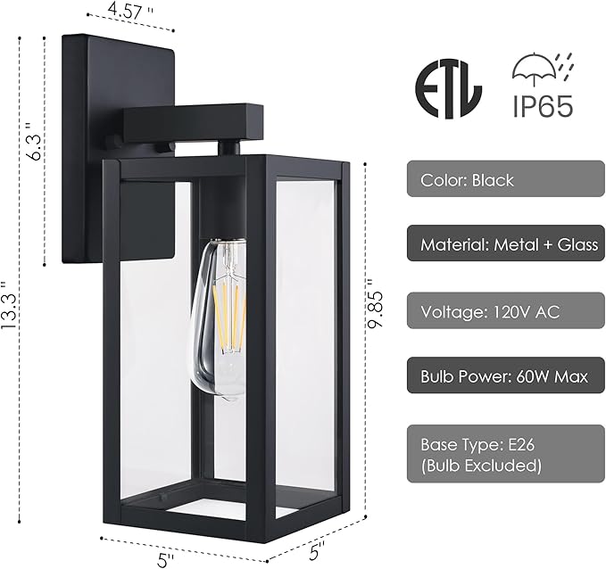GRUENLICH Waterproof Large Outdoor Wall Lanterns, Modern Black Porch Sconces with Clear Glass Shade, E26 Socket Max 60W, IP65 Rated, Metal Frame, for Patio, Front Door, Entryway, 1-Pack
