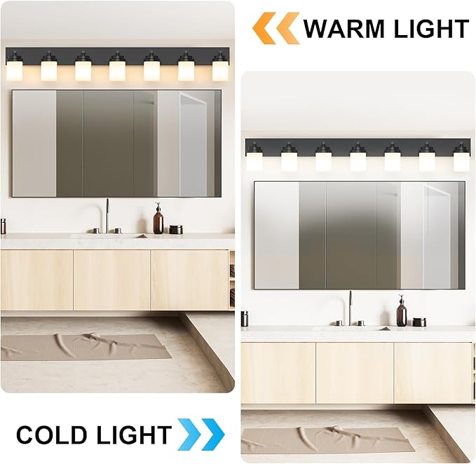 IZORRO Bathroom Vanity Light Fixture, 7-Light 51 Inch Matte Black Bathroom Light Fixtures Over Mirror, with White Glass Shade, Modern Farmhouse Vanity Lights, Rustic Restroom Lighting Fixtures