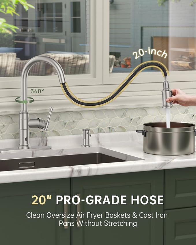 Touchless Kitchen Sink Faucet with Soap Dispenser Brushed Nickel, DAYONE Smart Motion Sensor Hands Free Faucet Kitchen with 3-Function Sprayer for Single/ 3-Hole Sink, DAY136TL-BN