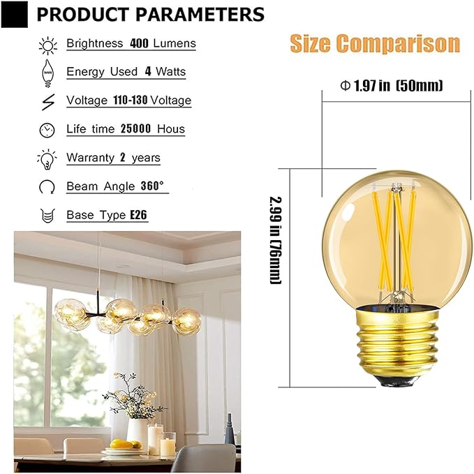 Leools G16.5 E26 led Bulb 4W Equal 40 watt Vintage LED Edison Bulb AC120V 400LM 2700K Amber Warm White Clear Dimmable LED Bulb for Ceiling Fan Light Bulbs,Appliance and Refrigerator Light Bulb 6Pcs