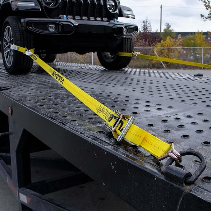 VULCAN Complete Axle Strap Tie Down Kit with Wire Hook Ratchet Straps - Classic Yellow - Includes (4) 22 Inch and (4) 36 Inch Axle Straps, and (4) 15' Wire J Hook Ratchet Straps