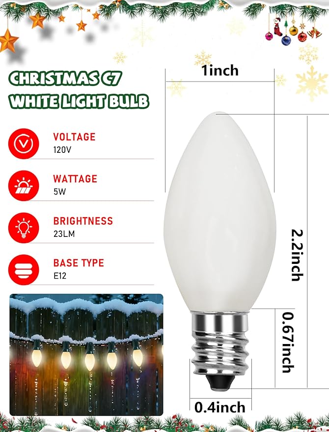 50 Pack C7 White Christmas Light Bulbs, C7 Vintage Christmas Night Light Bulbs for Outdoor String Lights, 5W Incandescent Replacement Bulbs for Porch Patio Garden Holiday Decor, E12 Intermediate Base
