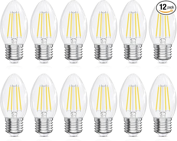 E26 Base LED Candelabra Bulb, 5000K Daylight, 6W, 60 watt Equivalent, E26 LED Bulb Non-Dimmable, B10 Chandelier Candle Light Bulbs, 90+CRI, 600LM, Cear Glass, 12 Pack