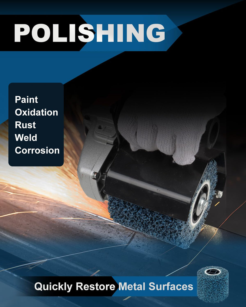 4.5" x 4" Abrasive Drawing Wheel Surface Conditioning Tool, Wire Wheel Burnishing Tool for Metal Polishing, Rust, Oxidation - 3/4" Quad Keyway for Hand held Polishing Machine(Blue)