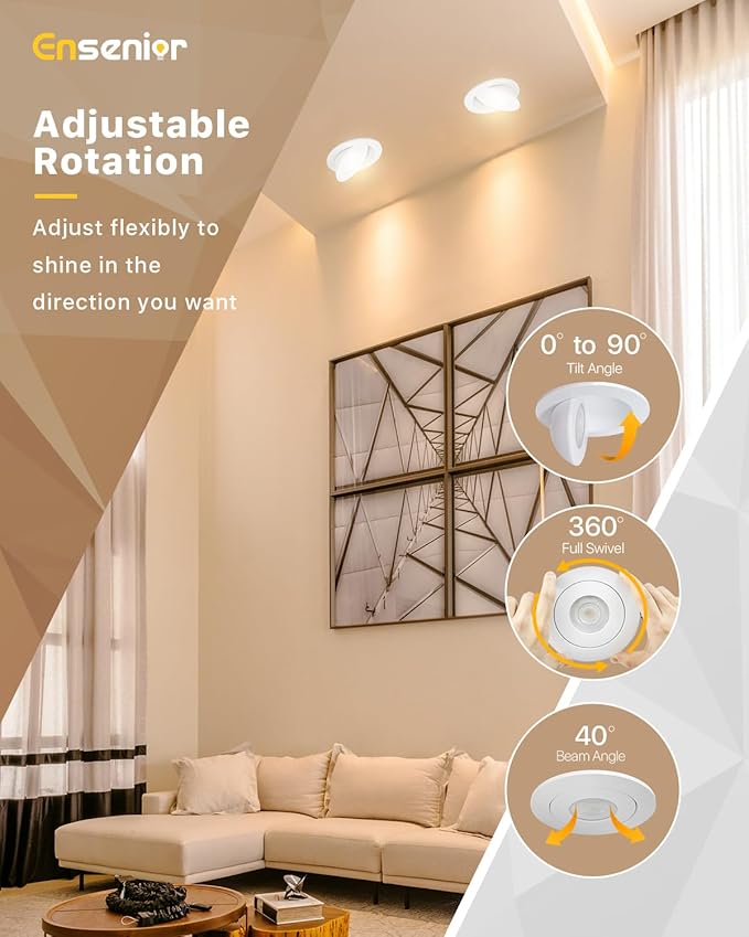 Ensenior 4 Pack 4 inch Gimbal Led Recessed Light with Junction Box, 90° Adjustable Directional Eyeball Lighting, Dimmable, 2700K/3000K/3500K/4000K/5000K, 900LM, 9W=100W-FCC Certified