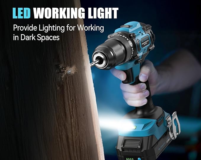 Tilswall 20V Cordless Drill, Power Drill with 65N.m High Torque, 18+1 Torque Settings, 1/2-Inch Keyless Chuck, Two Variable Speed, Battery and Charger, with LED for Craftsmen DIY