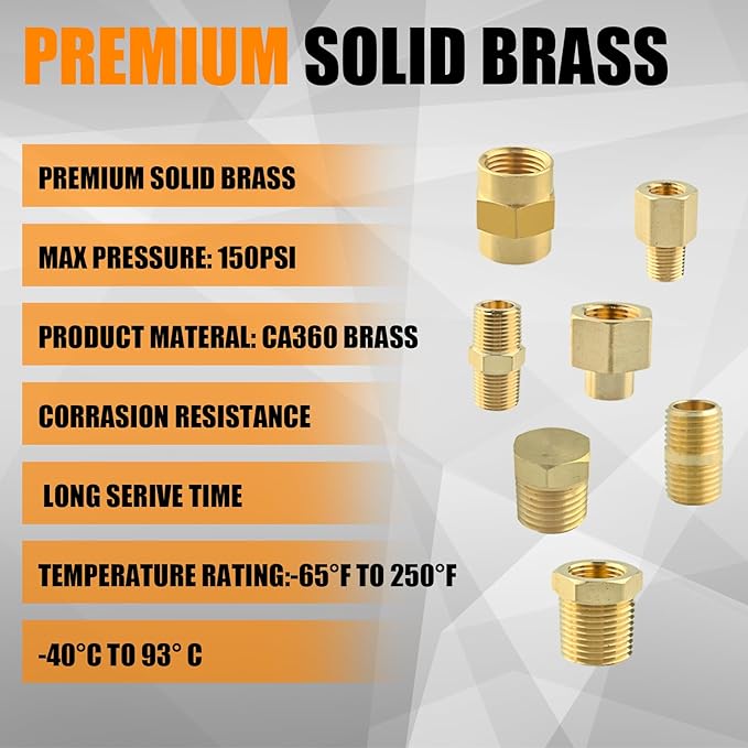 78PCS Brass Pipe Fittings Assortment Kit NPT Adapter, Hex Nipple, Hex Coupling, Reducer Busing, Hex Coupling, Close Nipple, Hex Head Plug Brass Fittings Kits