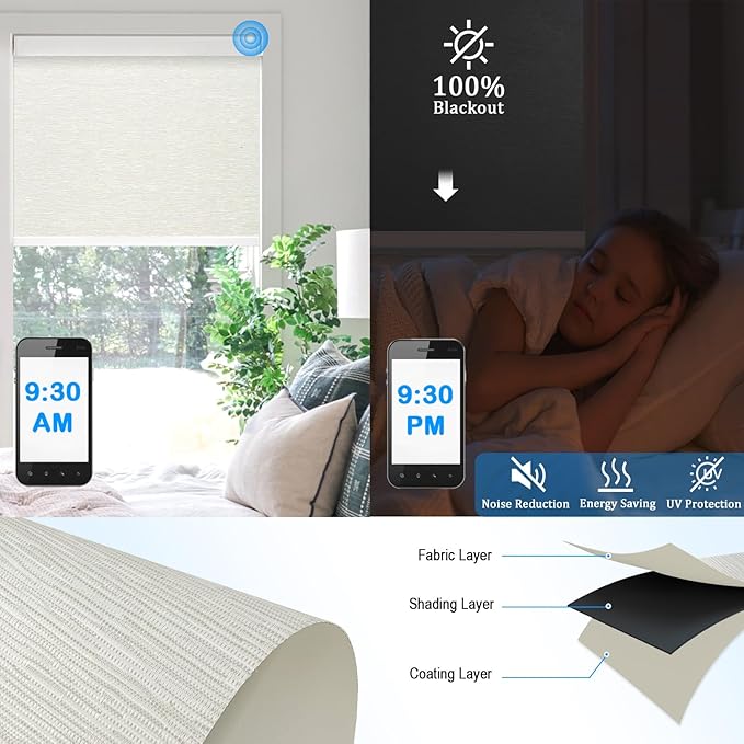 Motorized Blinds with Remote Cordless Automatic Motorized Shades Custom Blinds for Windows Smart Curtains Compatible with Alexa Google Home(Blackout Jacquard Beige,W62 x H72in)