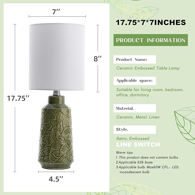 Ceramic Table Lamp Set of 2, 18" Modern Farmhouse Bedside Lamps with Leaf Pattern & White Linen Shade, Nightstand Lamps with Inline ON/Off Switch for Living Room, Bedroom, Dining Room