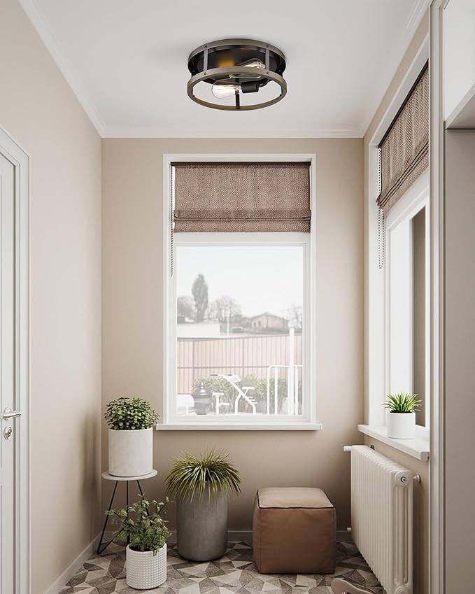 EAPUDUN Farmhouse Flush Mount Ceiling Light, 13" Imitation Wood 2-Light Fixture, Retro Style Lamp for Hallway, Entryway, Bedroom, Kitchen, Dining Room (FMA1138-FBDT)