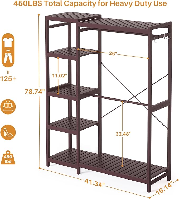 Homykic Bamboo Clothes Rack Garment Rack for Hanging Clothes, Heavy Duty Clothing Rack with 7 Tiers Adjustable Shelves, Double Rods, 4 Hooks, Freestanding Closet System Organizer Wardrobe, Espresso