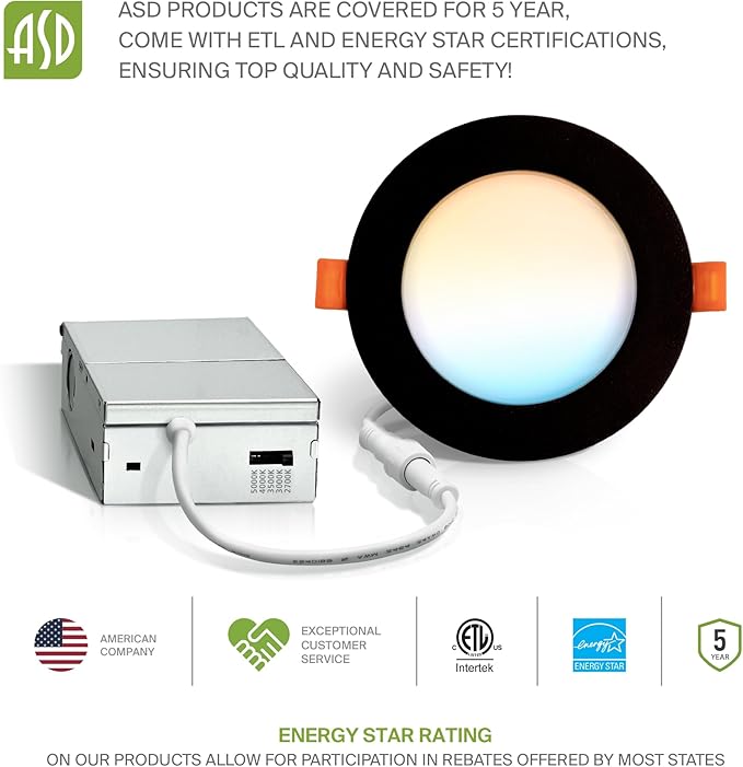 ASD 6 Pack LED Recessed Lighting 4 Inch 9W, 5 CCT 2700K-5000K CRI90+, IC Rated Ultra Thin Dimmable Ceiling Lights with J Box, Canless Wafer Downlight, Round Slim Panel Light, Energy Star ETL, Black