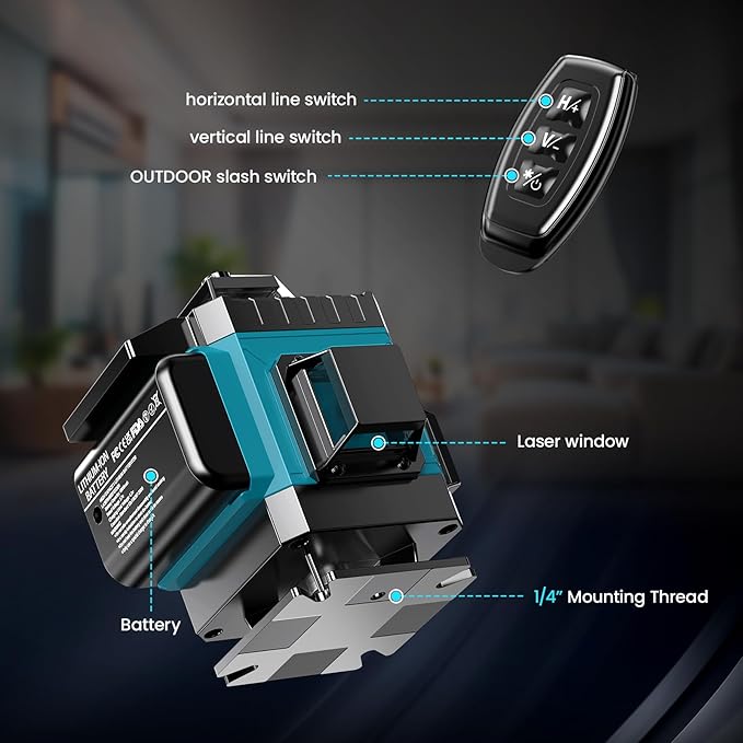 16 Line Laser Level 360 Self Leveling, 4x360°Professional 4D Green Cross Line laser Level with 2 Batteries, Adjustable Brightness & Remote Control, for Tiling Floor Construction and Picture Hanging