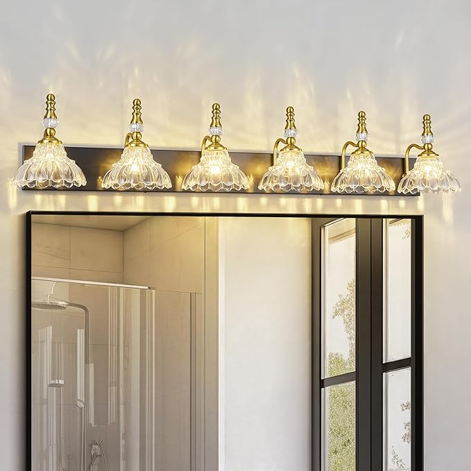 Vintage Bathroom Vanity Light, 6-Light Black Gold Vanity Lighting Fixture with Flower Glass Shade, Bathroom Lighting Fixtures Over Mirror