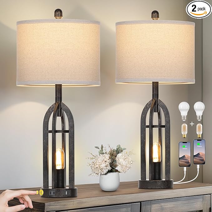 27" Rustic Table Lamps for Living Room - Farmhouse Lamps Set of 2 with USB C+A & Outlet, 3-Way Dimmable Touch Lamps for Night Stands, Vintage Bedside Lamp for End Tables,Bedroom,Bronze