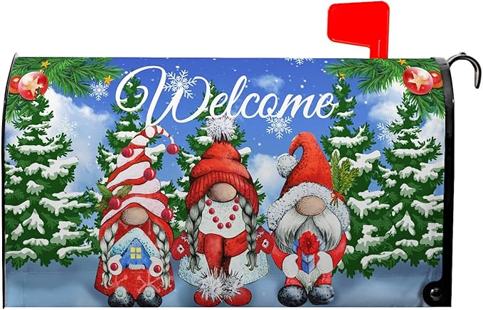 Winter Gnome Welcome Mailbox Covers Magnetic Lrage Size Pine Tree Mailbox Post Cover Snowflake Mailbox Wraps Oversized Waterproof Xmas Decor for Yard Garden 21 X 25.5 Inch