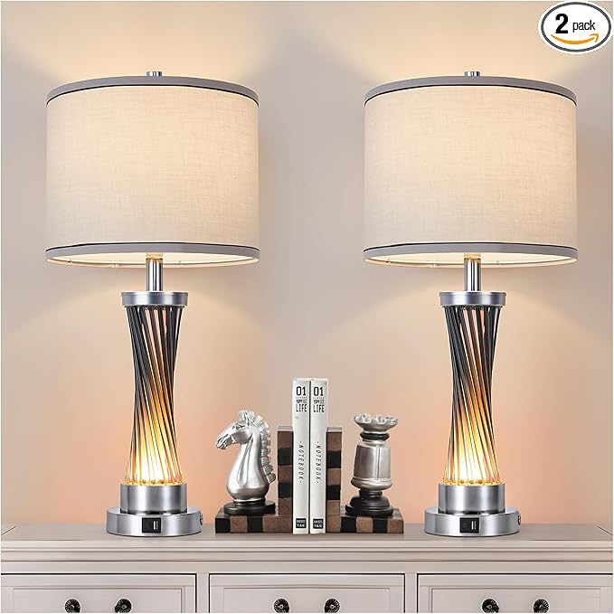 3-Way Dimmable Table Lamp Set of 2,Touch Control Lamp with Night Light,Modern Blue Crystal Table Lamps for Bedroom,Living Room，Bedside Lamps with USB A+C Ports，Fabric Lampshade(Blubs Included)