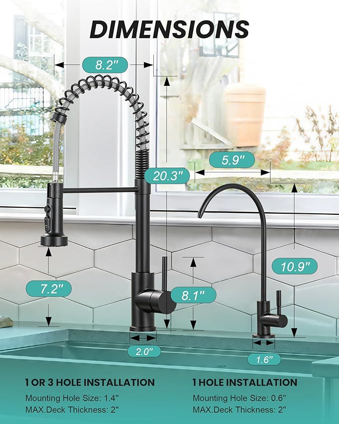 Kitchen Faucet and Water Filter Faucet: ARCORA Stainless Steel Kitchen Sink Faucet with Drinking Water Faucet - Black Single Handle Tap with Pull Down Sprayer for Kitchen Sink Farmhouse Bar