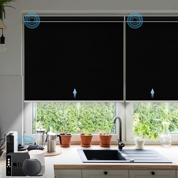 SmartWings Motorized Smart Blinds with Remote, Custom Automatic 100% Blackout Roller Shade Compatible with Alexa/Homekit/Google, Electric Smart Blinds for Indoor Windows, Vinyl Black